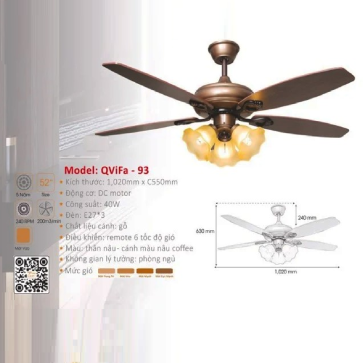 QViFa - 93: Quạt trần đèn cánh gỗ công nghiệp
