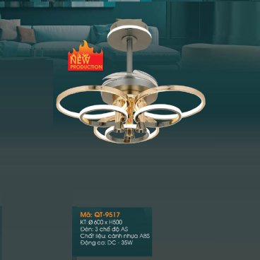 QT- 9517: Quạt trần đèn - KT: Ø600mm x H500mm - Đèn LED 3 chế độ ánh sáng