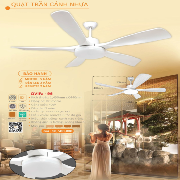 QViFa - 96: Quạt trần đèn 5 cánh nhựa ABS