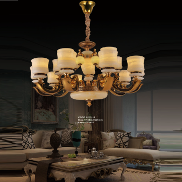 CODE: 9830 - 15: Đèn chùm đồng chao đá 15 tay - KT: Ø1000mm x H600mm - Bóng đèn chân E14 x 15 bóng