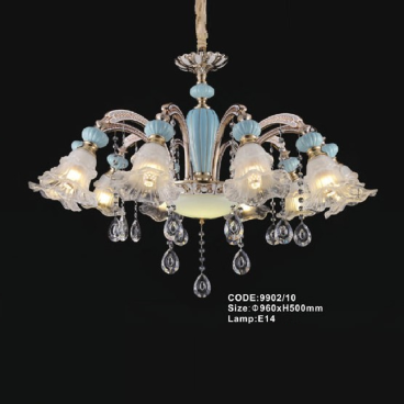 CODE: 9902/10: Đèn chùm 10 tay chao thủy tinh - KT: Ø960mm x H500mm - Bóng đèn E14 x 10 bóng