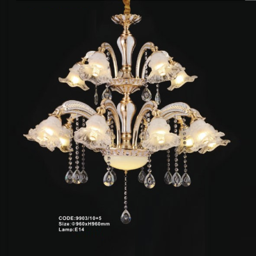 CODE: 9903/10+5: Đèn chùm 15 tay chao thủy tinh - KT: Ø960mm x H960mm - Bóng đèn E14 x 15 bóng