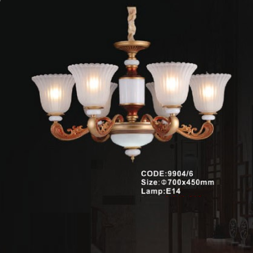 CODE: 9904/6: Đèn chùm 6 tay chao thủy tinh - KT: Ø700mm x H450mm - Bóng đèn E14 x 6 bóng