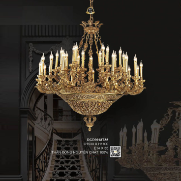 DCD9918T35: Đèn chùm đồng nến 35 tay - KT: Ø1500mm x H1100mm - Bóng đèn nến E14 x 35 bóng