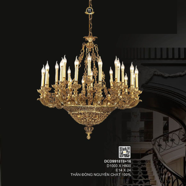 DCD9918T24: Đèn chùm đồng nến 24 tay - KT: Ø1000mm x H800mm - Bóng đèn nến E14 x 24 bóng