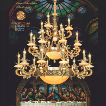 NC 9922/12+8+4: Đèn chùm đồng, chao đá 24 tay - KT: Ø1100mm x H1100mm +500mm - Bóng đèn nến E14 x 24 bóng + E27 x 6 bóng