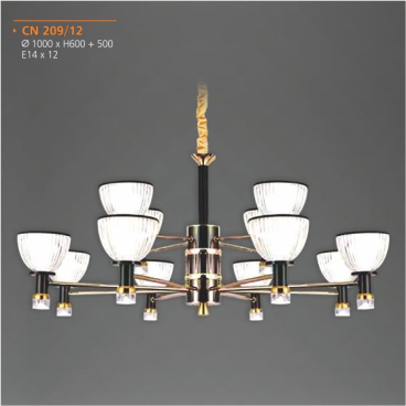 AD - CN 209/12: Đèn chùm 12 tay - KT: Ø1000mm x H600mm+500mm - Đèn chân E14 x 12 bóng ( tính riêng)