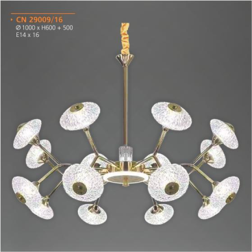 AD - CN 29009/15: Đèn chùm 12 tay - KT: Ø1000mm x H600mm+500mm - Đèn chân E14 x 16 bóng ( tính riêng)