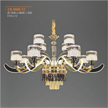 AD - CN-M88/12: Đèn chùm 12 tay LED - KT: Ø1000mm x H600mm + 500mm - Đèn chân E14 x 12 bóng ( tính riêng)