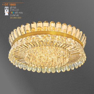 AD - OT 1860: Đèn áp trần phale - KT: Ø750mm - Đèn LED E14 x 22 bóng LED đổi 3 màu - Remote