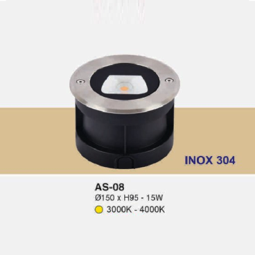 AS - 08: Đèn LED âm sàn trên bờ Mặt Inox 304 - KT: Ø150mm x H95mm- Đèn LED  15W ánh sáng vàng 3000K - 4000K