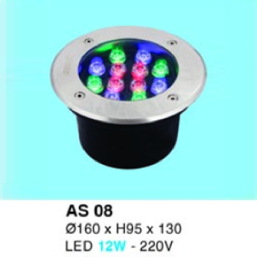 HF - AS 08: Đèn LED âm sàn - ĐK: Ø160mm x H95mm x130mm - IP 65 - Đèn LED 12W - 220V - Ánh sáng  3 màu