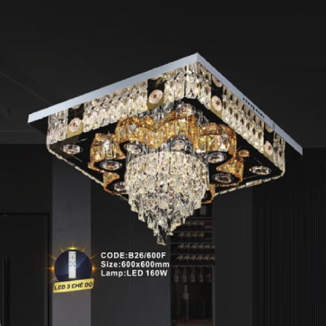 CODE: B26/600F: Đèn áp trần LED vuông - KT: L600mm x W600mm - Đèn LED 160W, ánh sáng đổi 3 màu