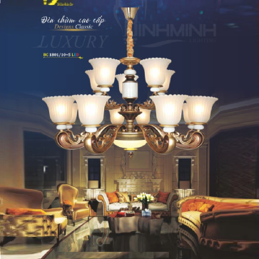 BM - BC 1801/10+5 LED: Đèn chùm 15 tay - KT: Ø1000mm x H600mm + 500mm - Bóng đèn chân E27 x 15 bóng + Đèn LED