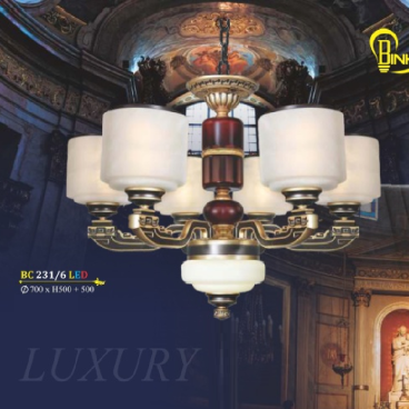 BM - BC 231/6 LED: Đèn chùm 6 tay - KT: Ø700mm x H500mm + 500mm - Bóng đèn chân E27 x 6 bóng + Đèn LED