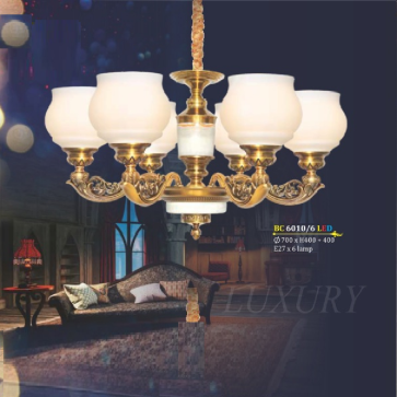 BM - BC 6010/6 LED: Đèn chùm 6 tay - KT: Ø700mm x H400mm + 500mm - Bóng đèn chân E27 x 6 bóng + Đèn LED