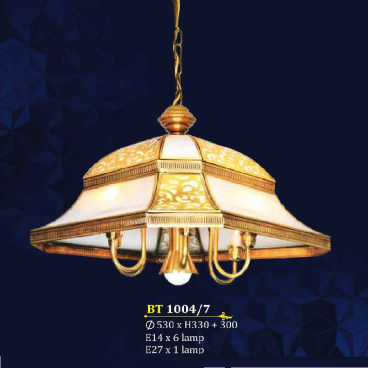 BT - 1004/7: Đèn thả đồng - KT: Ø530mm x H330mm +300mm - Đèn chân E14 x 6 bóng +E27 x 1 bóng