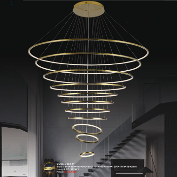 CODE: C002-11: Đèn thả 11 vòng LED - KT: Ø(200+300+400+500+600+700+800+1000+1200+1400+1600)mm - Đèn LED 382W x 2 ánh sáng đổi 3 màu