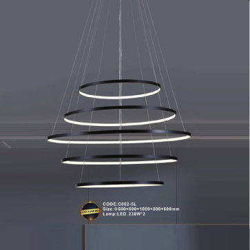 CODE: C002-5L: Đèn thả 5 vòng LED - KT: Ø(600+800+1000+800+600)mm - Đèn LED 238W x 2 ánh sáng đổi 3 màu