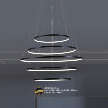 CODE: C002-5L: Đèn thả 5 vòng LED - KT: Ø(600+800+1000+800+600)mm - Đèn LED 238W x 2 ánh sáng đổi 3 màu