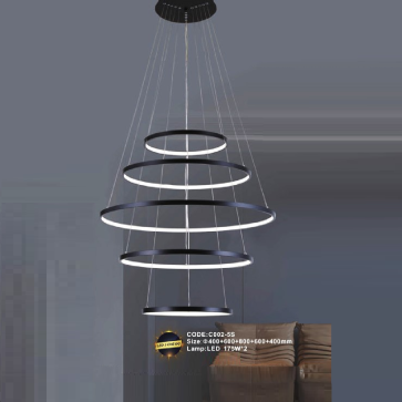 CODE: C002-5S: Đèn thả 5 vòng LED - KT: Ø(400+600+800+600+400)mm - Đèn LED 175W x 2 ánh sáng đổi 3 màu