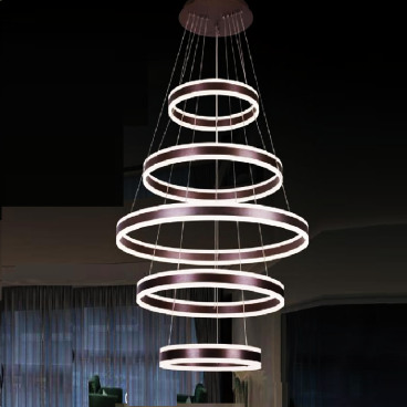 CODE: C012: Đèn thả 5 vòng LED sơn nâu, sáng 2 đầu - KT: Ø(400+600+800+600+400)mm - Đèn LED