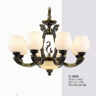 E - C - 155/8: Đèn chùm 8 tay -  KT: Ø740mm  x H550mm - Bóng đèn E27 x 8 bóng + Đèn LED