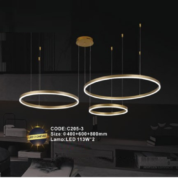 CODE: C205-3: Đèn thả 3 vòng LED - KT: Ø400mm +Ø600mm +Ø800mm - Đèn LED 113W x 2 ánh sáng đổi 3 màu