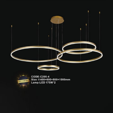 CODE: C205-4: Đèn thả 4 vòng LED - KT: Ø400mm +Ø600mm +Ø800mm +Ø1000mm - Đèn LED 175W x 2 ánh sáng đổi 3 màu