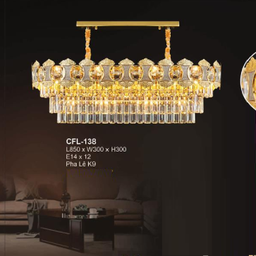 EU  - CFL - 138: Đèn thả Phale K9 chữ nhật  - KT: Ø850mm x W300mm x H300mm - Đèn chân E14 x 12 bóng