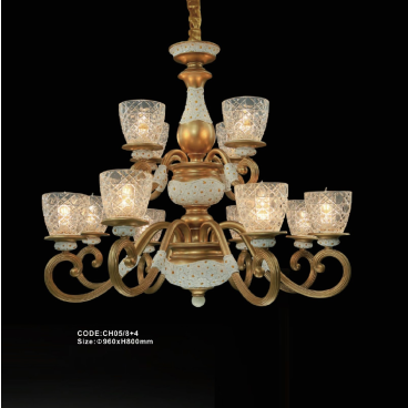 CODE: CH05/8+4: Đèn chùm 12 tay, chao thủy tinh - KT: Ø960mm x H800mm - Bóng đèn E14 x 12 bóng