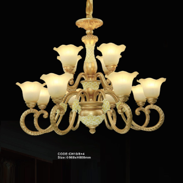 CODE: CH10/8+4: Đèn chùm 12 tay, chao thủy tinh - KT: Ø960mm x H800mm - Bóng đèn E27 x 12 bóng