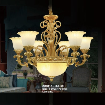 CODE: CH11/6-3C: Đèn chùm 6 tay, chao thủy tinh - KT: Ø600mm x H700mm - Bóng đèn E27 x 9 bóng