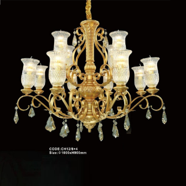 CODE: CH12/8+4: Đèn chùm 12 tay, chao thủy tinh - KT: Ø1000mm x H900mm - Bóng đèn E14 x 12 bóng