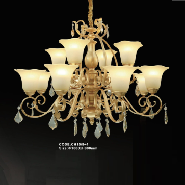 CODE: CH15/8+4: Đèn chùm 12 tay, chao thủy tinh - KT: Ø1000mm x H800mm - Bóng đèn E27 x 12 bóng