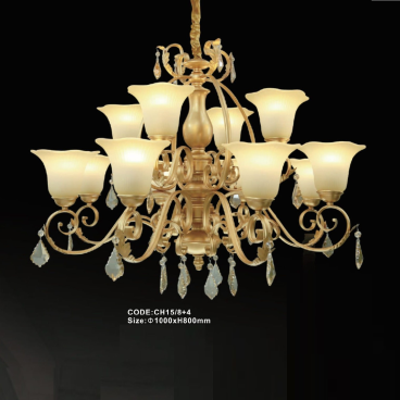 CODE: CH15/8+4: Đèn chùm 12 tay, chao thủy tinh - KT: Ø1000mm x H800mm - Bóng đèn E27 x 12 bóng