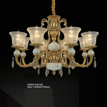 CODE: CH19/8: Đèn chùm 8 tay chao thủy tinh - KT: Ø900mm x H750mm - Bóng đèn E14 x 8 bóng