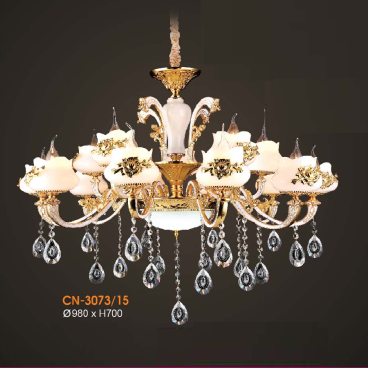 VE - CN - 3073/15: Đèn chùm nến 15 tay - KT: Ø880mm x H700mm - Đèn nến chân E14 x 15 bóng + Đèn LED