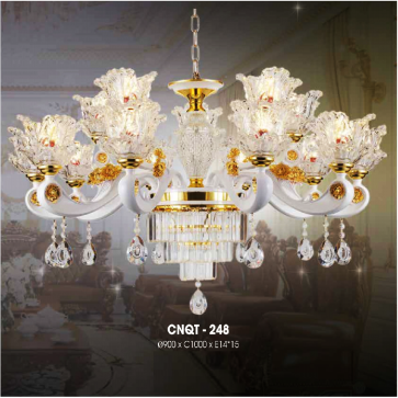 CNQT - 248: Đèn chùm nến 15 tay, chao thủy tinh - KT: Ø900mm x H1000mm - Bóng đèn nến chân E14 x 15 bóng