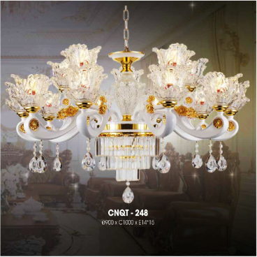 CNQT - 248: Đèn chùm nến 15 tay, chao thủy tinh - KT: Ø900mm x H1000mm - Bóng đèn nến chân E14 x 15 bóng
