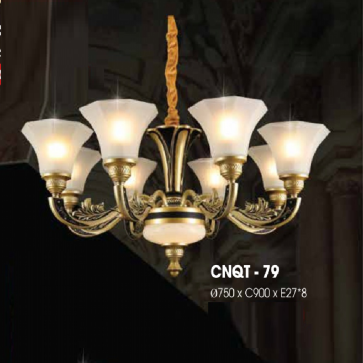 CNQT - 79: Đèn chùm 8 tay, chao thủy tinh - KT: Ø750mm x H900mm - Bóng đèn chân E27 x 8 bóng