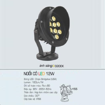 AFC - NGỒI CỎ LED 12W: Đèn pha cỏ 12W - Ánh sáng vàng 3200K