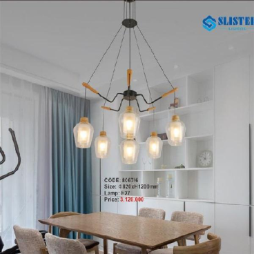 CODE: 8067/6: Đèn thả chao thuỷ tinh - KT: Ø820mm x H1200mm - Đèn chân E27 x 6 bóng ( tính riêng)