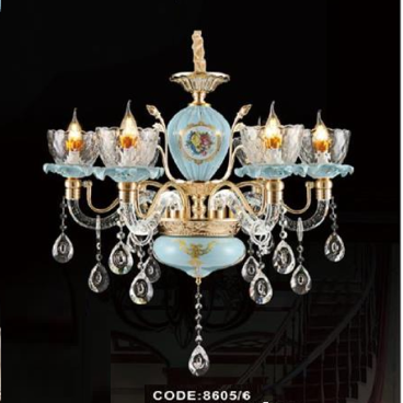 CODE: 8605/6: Đèn chùm nến 6 tay - KT: Ø680mm x H580mm - Đèn nến chân E14 x 6+ Đèn LED