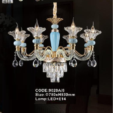 CODE: 9020A/8: Đèn chùm nến 8 tay - KT: Ø780mm x H530mm - Đèn nến chân E14 x 8 + Đèn LED