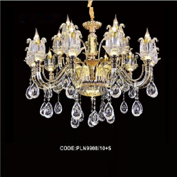 CODE: PLN9908/10+5: Đèn chùm nến 15 tay  - KT: Ø1050mm x H780mm - Đèn nến chân E14 x 15 + Đèn LED tay đèn, chao đáy