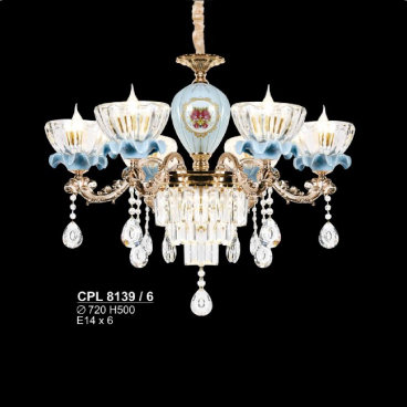 S - CPL 8139/6: Đèn chùm nến 6 tay chao thủy tinh - KT: Ø720mm x H500mm - Bóng đèn E14 x 6 bóng