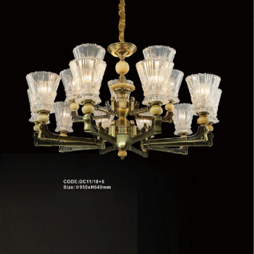 CODE: DC11/10+5: Đèn chùm 15 tay, chao thủy tinh - KT: Ø950mm x H640mm - Bóng đèn E14 x 15 bóng