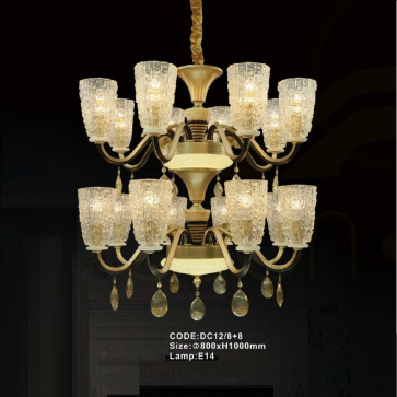 CODE: DC 12/8+8: Đèn chùm 16 tay, chao thủy tinh - KT: Ø800mm x H1000mm - Bóng đèn E14 x 16 bong + Đèn LED