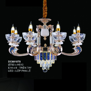 35 - DC6018T8: Đèn chùm nến 8 tay - KT: Ø790mm x H510mm - Bóng đèn nến chân E14 x 8 bóng + LED